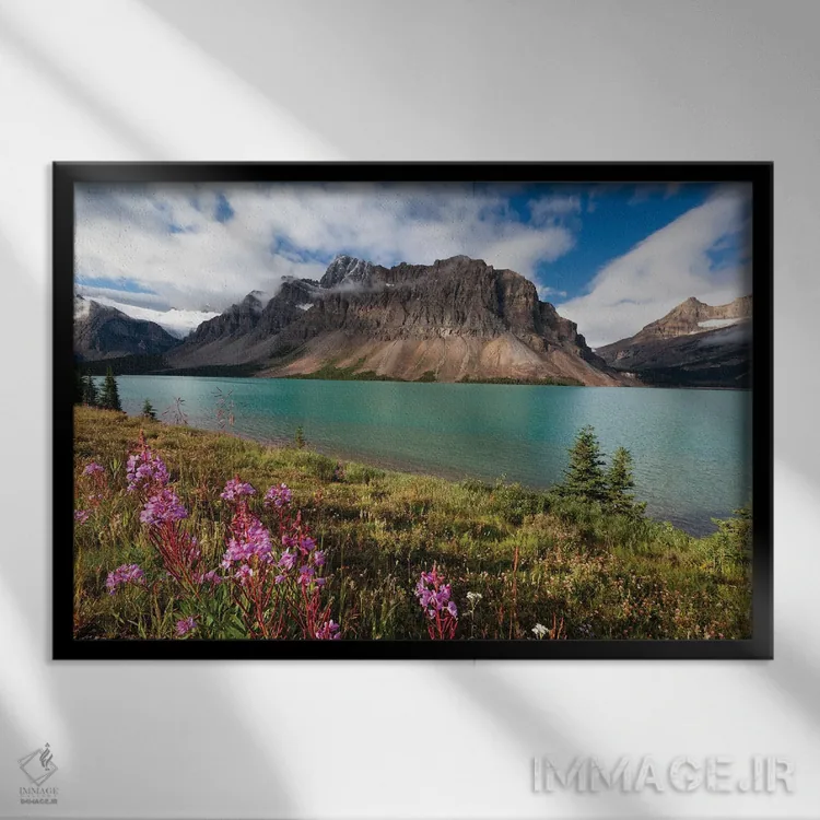 تابلو دکوراتیو دریاچه بو با کوه کلاغ پا، آلبرتا، کانادا اثر جورج اوزه - نمای قابدار مشکی