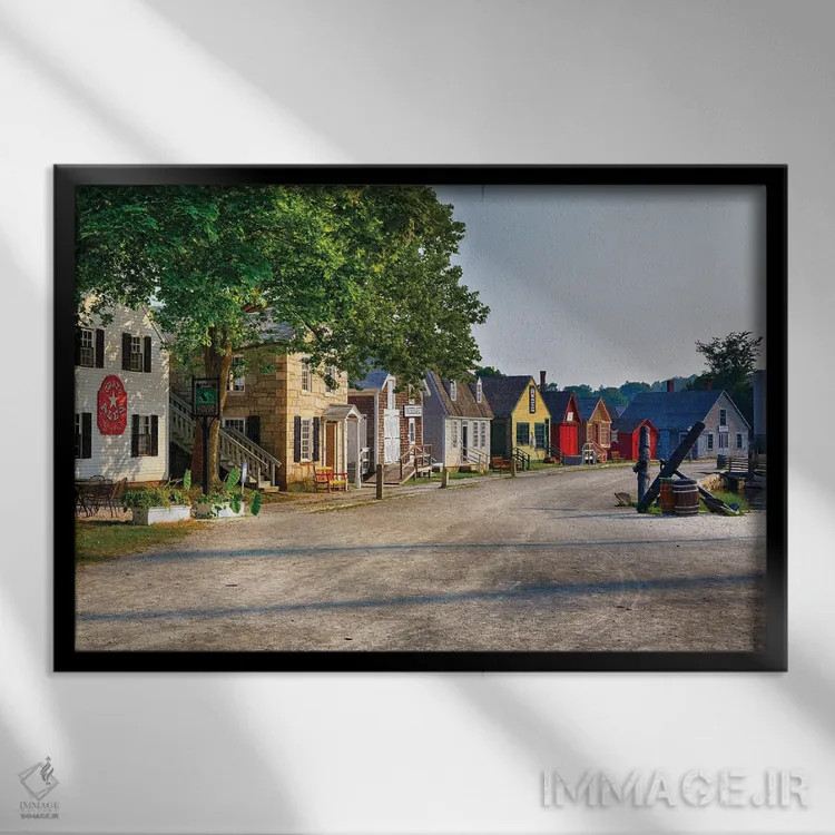 تابلو دکوراتیو خانه های اسکله تاریخی در بندر میستیک، کانکتیکات اثر جورج اوزه - نمای قابدار مشکی