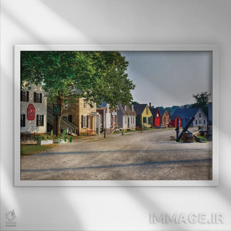 تابلو دکوراتیو خانه های اسکله تاریخی در بندر میستیک، کانکتیکات اثر جورج اوزه - نمای قابدار سفید