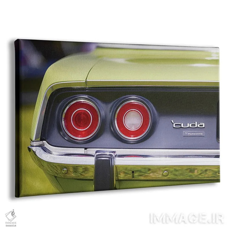 تابلو دکوراتیو چراغ های عقب گرد و سپر براق کروم خودروی پیلیموث باراکودا ۱۹۷۱… اثر جورج اوزه - نمای پرسپکتیو محصول