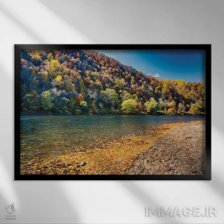 تابلو دکوراتیو پاییز رودخانه دلاور در منطقه واتر گپ، مرز نیوجرسی-پنسیلوانیا… اثر جورج اوزه - نمای قابدار مشکی