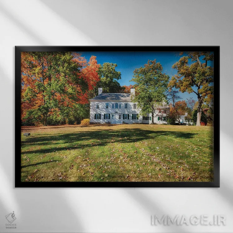 تابلو دکوراتیو کاخ فورد، مقر واشنگتن با منظره پاییزی، موریستاون، نیوجرسی اثر جورج اوزه - نمای قابدار مشکی