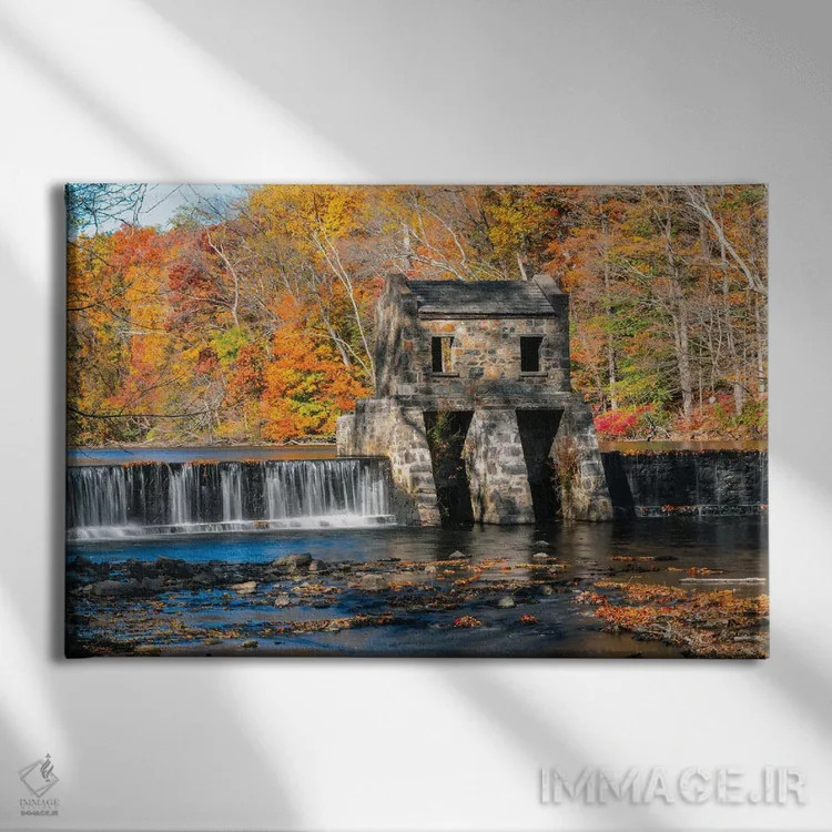 تابلو دکوراتیو سد دریاچه اسپیدول با منظره پاییزی، موریستاون، نیوجرسی اثر جورج اوزه - نمای روبهرو روی دیوار