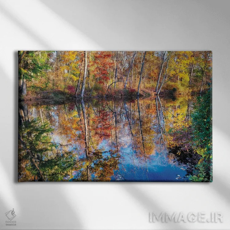 تابلو دکوراتیو انعکاس شاخ و برگ پاییزی در کانال دلاور و ریتان، نیوجرسی اثر جورج اوزه - نمای روبهرو روی دیوار