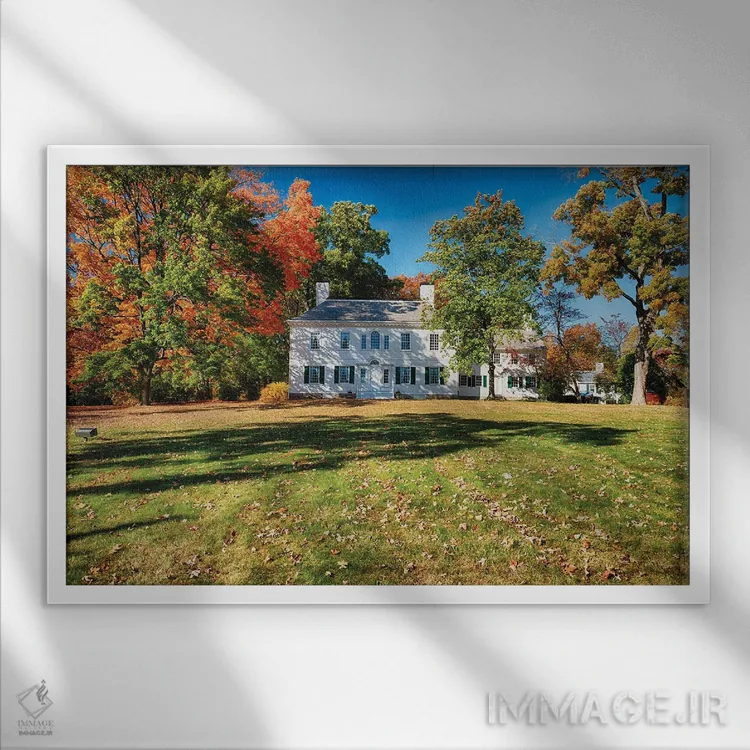 تابلو دکوراتیو کاخ فورد، مقر واشنگتن با منظره پاییزی، موریستاون، نیوجرسی اثر جورج اوزه - نمای قابدار سفید
