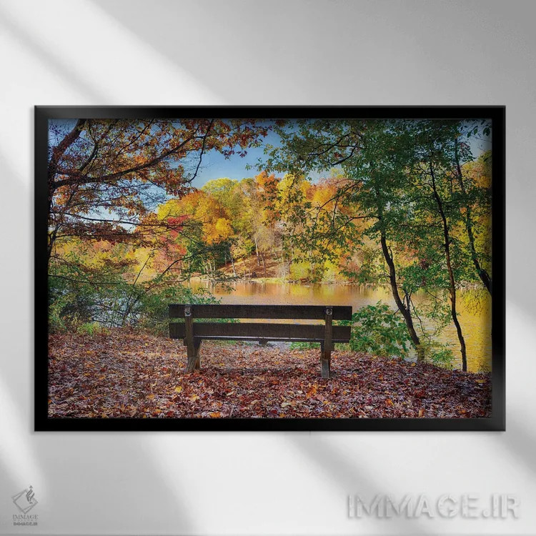 تابلو دکوراتیو چشم انداز دریاچه با نیمکت پارک، موریستاون، نیوجرسی اثر جورج اوزه - نمای قابدار مشکی
