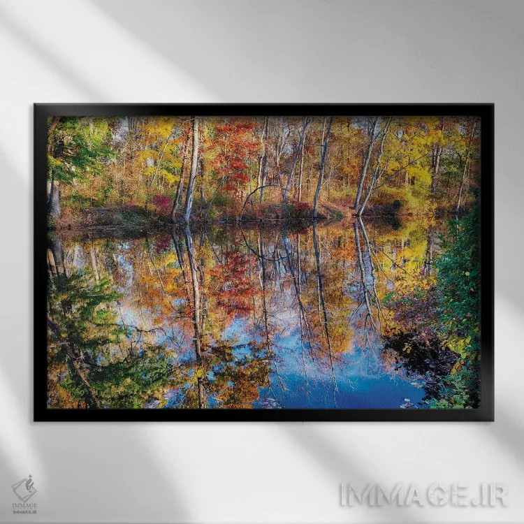 تابلو دکوراتیو انعکاس شاخ و برگ پاییزی در کانال دلاور و ریتان، نیوجرسی اثر جورج اوزه - نمای قابدار مشکی