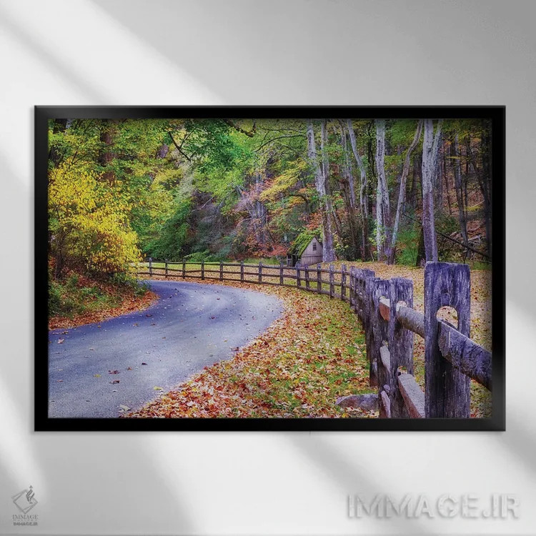 تابلو دکوراتیو جاده روستایی در شهرستان باکس، پنسیلوانیا در پاییز اثر جورج اوزه - نمای قابدار مشکی