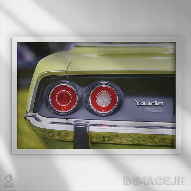 تابلو دکوراتیو چراغ های عقب گرد و سپر براق کروم خودروی پیلیموث باراکودا ۱۹۷۱… اثر جورج اوزه - نمای قابدار سفید