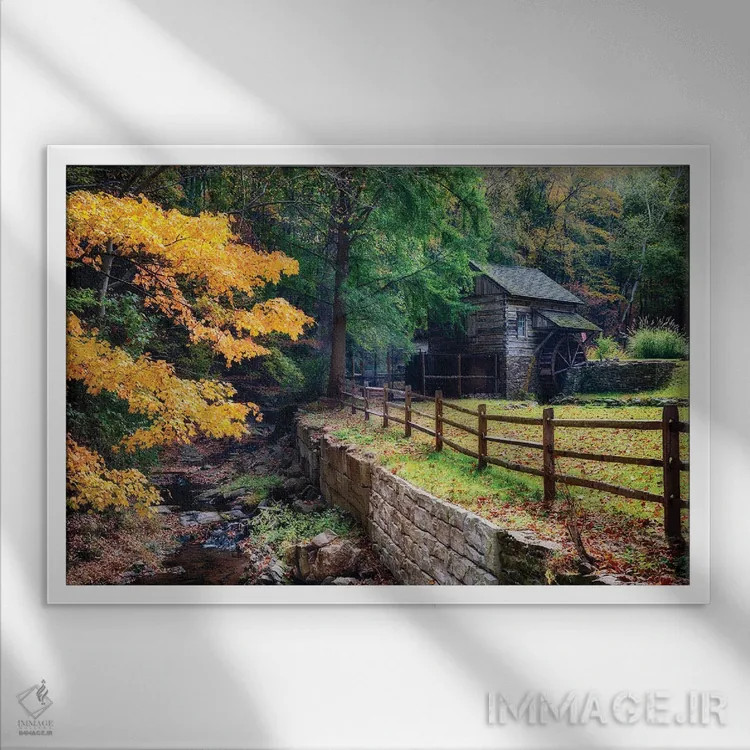 تابلو دکوراتیو آسیاب کوچک غلات در دره کاتالوسا، شهرستان باکس، پنسیلوانیا اثر جورج اوزه - نمای قابدار سفید