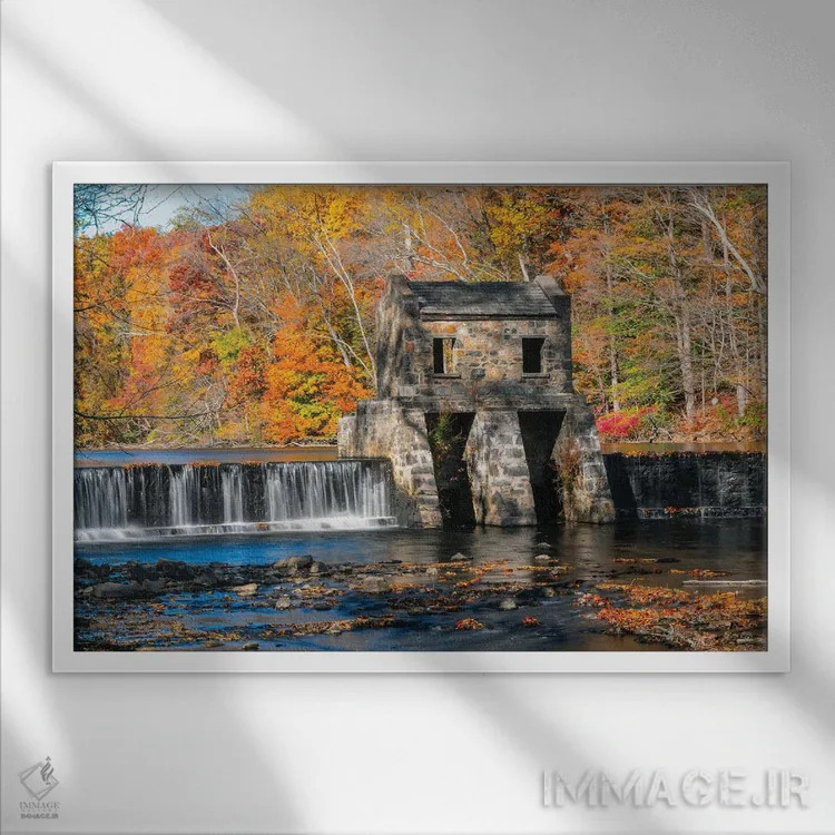 تابلو دکوراتیو سد دریاچه اسپیدول با منظره پاییزی، موریستاون، نیوجرسی اثر جورج اوزه - نمای قابدار سفید