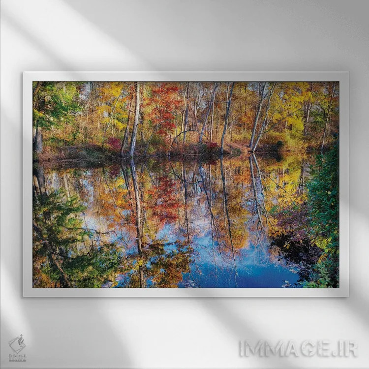 تابلو دکوراتیو انعکاس شاخ و برگ پاییزی در کانال دلاور و ریتان، نیوجرسی اثر جورج اوزه - نمای قابدار سفید