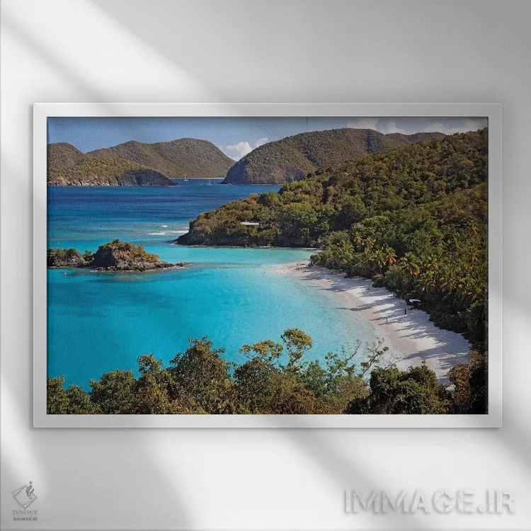 تابلو دکوراتیو نمای بالا از یک خلیج، ترانک بی، سنت جان، جزایر ویرجین آمریکا اثر جورج اوزه - نمای قابدار سفید