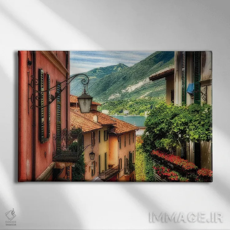 تابلو دکوراتیو نمای بالا از خیابان با بالکن ها، بلاشو، دریاچه کومو، لمباردی… اثر جورج اوزه - نمای روبهرو روی دیوار