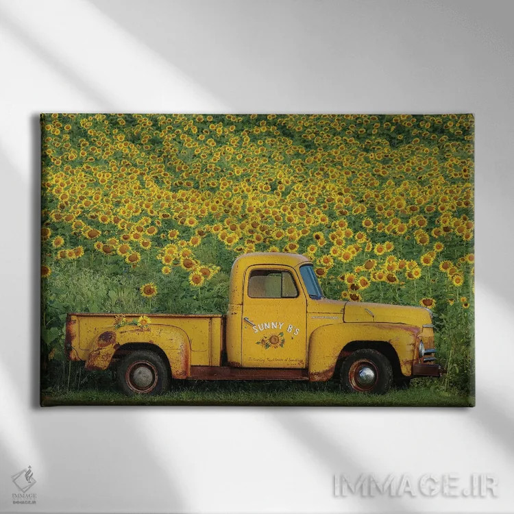 تابلو دکوراتیو کامیون زرد قدیمی با آفتابگردان اثر کری ان گریپو-پایک - نمای روبهرو روی دیوار