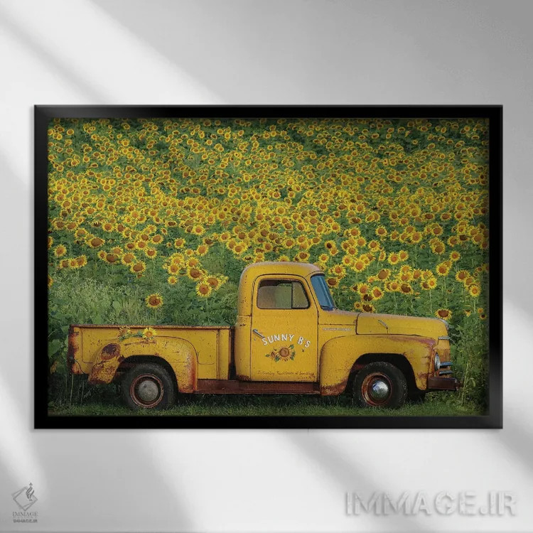 تابلو دکوراتیو کامیون زرد قدیمی با آفتابگردان اثر کری ان گریپو-پایک - نمای قابدار مشکی