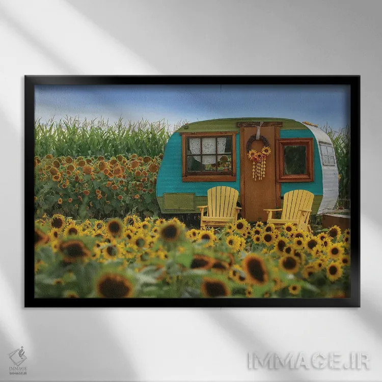 تابلو دکوراتیو کمپر نوستالژیک و آفتابگردان ها II اثر کری ان گریپو-پایک - نمای قابدار مشکی