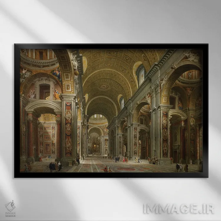 تابلو کلاسیک داخل کلیسای سن پیترو، رم، ۱۷۳۱ اثر جیووانی پائولو پانینی - نمای قابدار مشکی