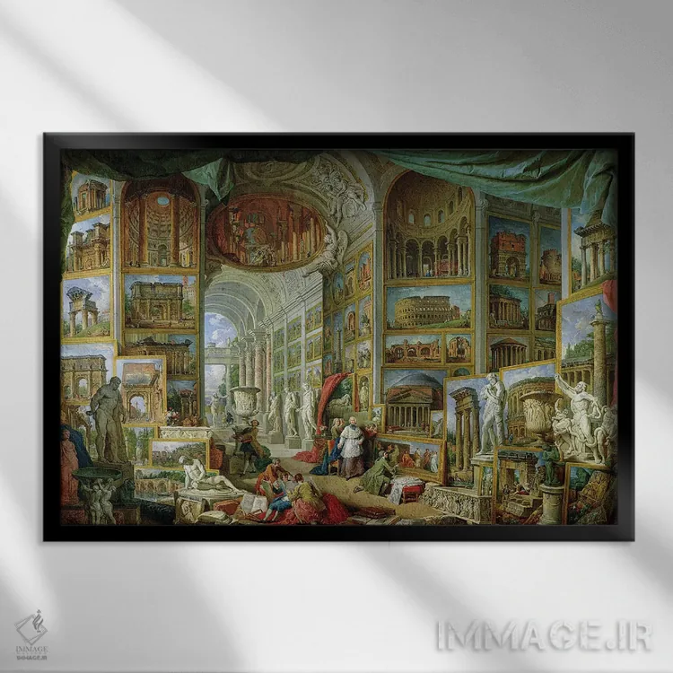 تابلو کلاسیک نگارخانه مناظر رم باستان، ۱۷۵۸ اثر جیووانی پائولو پانینی - نمای قابدار مشکی