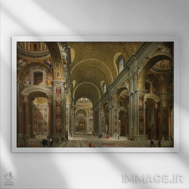 تابلو کلاسیک داخل کلیسای سن پیترو، رم، ۱۷۳۱ اثر جیووانی پائولو پانینی - نمای قابدار سفید