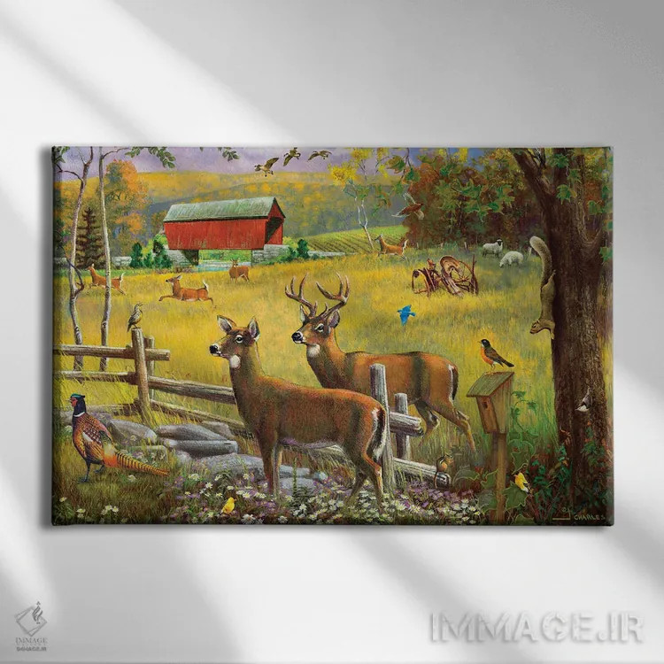 تابلو دکوراتیو گوزن و پل سرپوشیده اثر جی. چارلز - نمای روبهرو روی دیوار