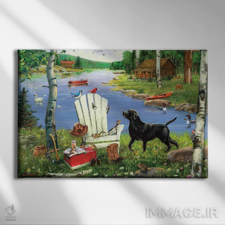 تابلو دکوراتیو صندلی آدیرونداک سفید و سگ کنار دریاچه اثر جی. چارلز - نمای روبهرو روی دیوار