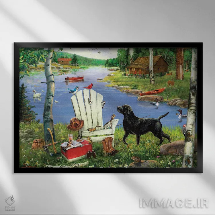 تابلو دکوراتیو صندلی آدیرونداک سفید و سگ کنار دریاچه اثر جی. چارلز - نمای قابدار مشکی