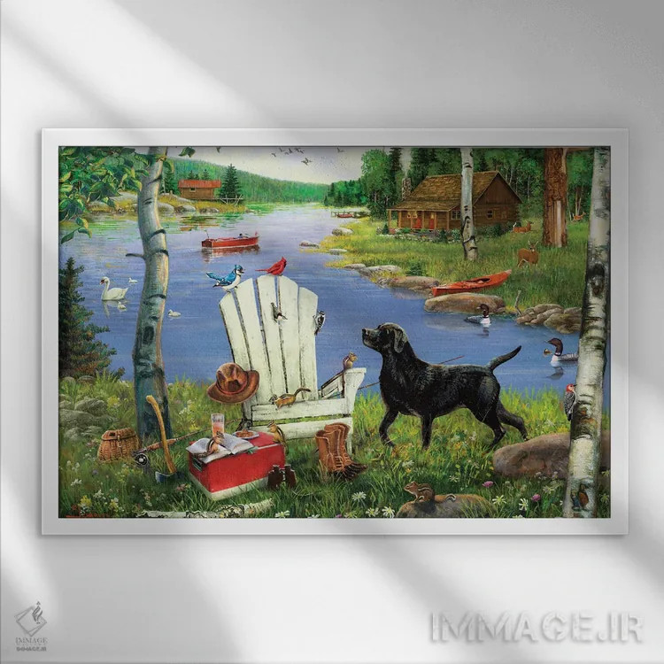 تابلو دکوراتیو صندلی آدیرونداک سفید و سگ کنار دریاچه اثر جی. چارلز - نمای قابدار سفید