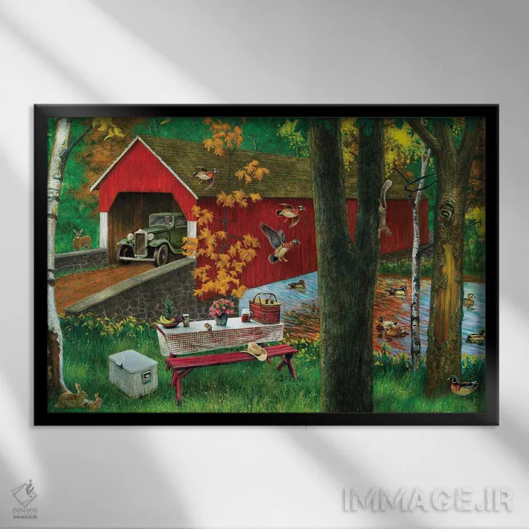 تابلو دکوراتیو رودخانه و پل سرپوشیده اثر جی. چارلز - نمای قابدار مشکی