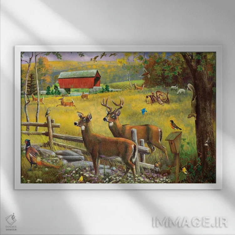 تابلو دکوراتیو گوزن و پل سرپوشیده اثر جی. چارلز - نمای قابدار سفید