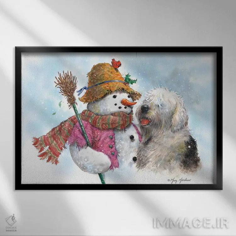 تابلو دکوراتیو آدم برفی و سگ اثر گرگ جوردانو - نمای قابدار مشکی