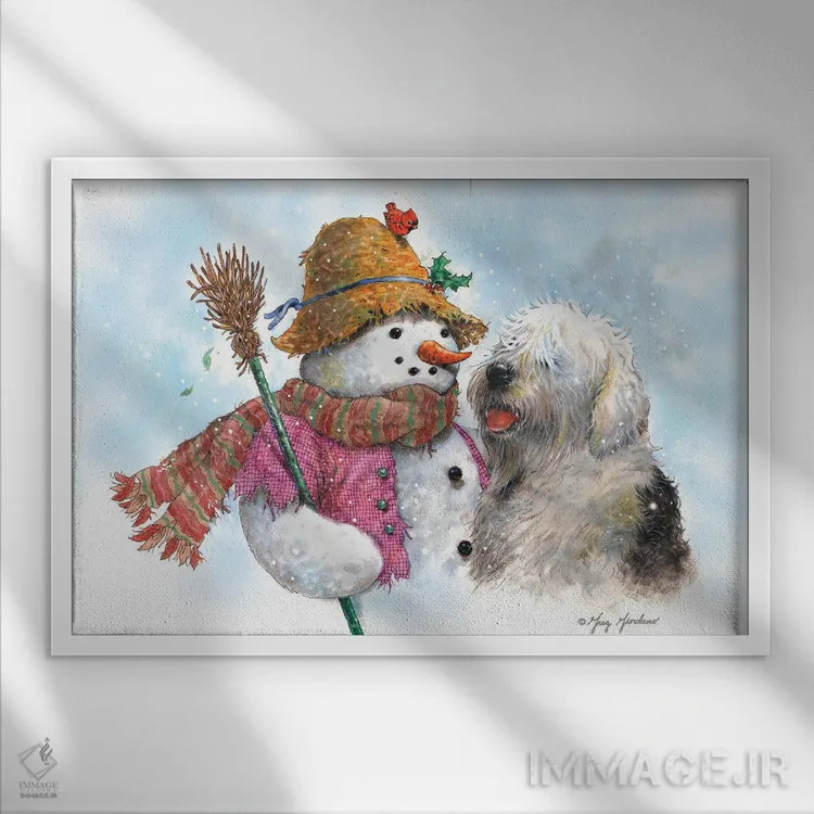 تابلو دکوراتیو آدم برفی و سگ اثر گرگ جوردانو - نمای قابدار سفید