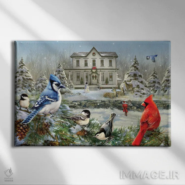 تابلو دکوراتیو پرندگان کریسمس و خانه اثر گرگ جوردانو - نمای روبهرو روی دیوار