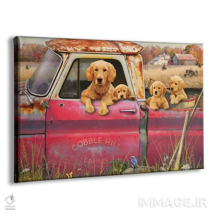 تابلو دکوراتیو گلدن رتریورها و کامیون اثر گرگ جوردانو - نمای پرسپکتیو محصول