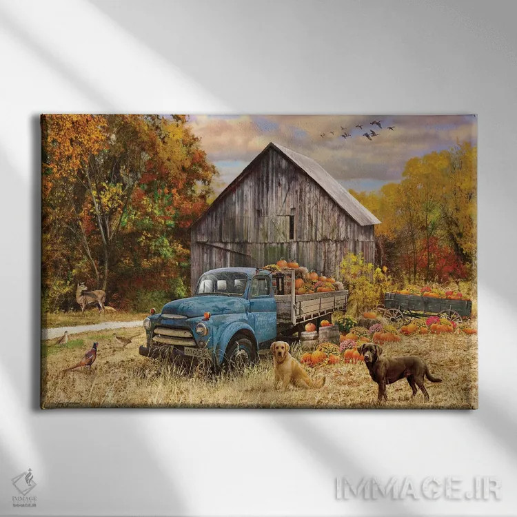 تابلو دکوراتیو کامیون پاییزی و انبار اثر گرگ جوردانو - نمای روبهرو روی دیوار