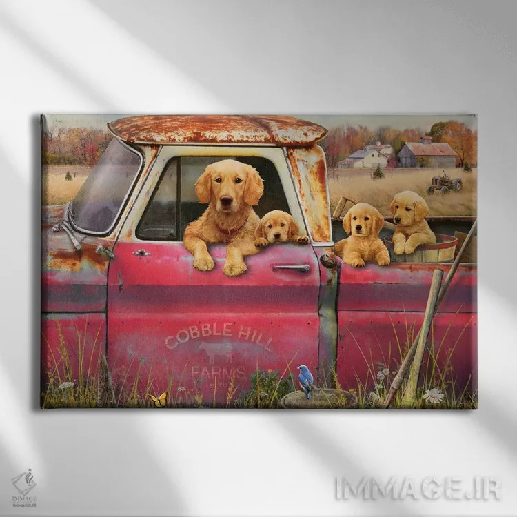 تابلو دکوراتیو گلدن رتریورها و کامیون اثر گرگ جوردانو - نمای روبهرو روی دیوار