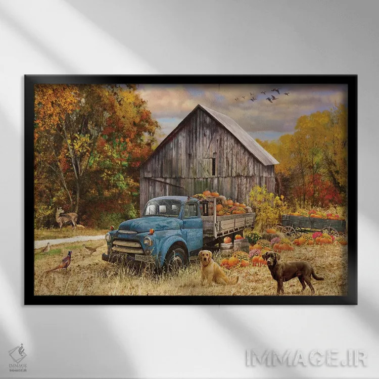 تابلو دکوراتیو کامیون پاییزی و انبار اثر گرگ جوردانو - نمای قابدار مشکی