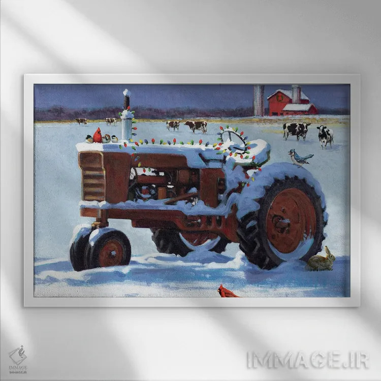 تابلو دکوراتیو تراکتور زمستانی با چراغ ها اثر جی. چارلز - نمای قابدار سفید