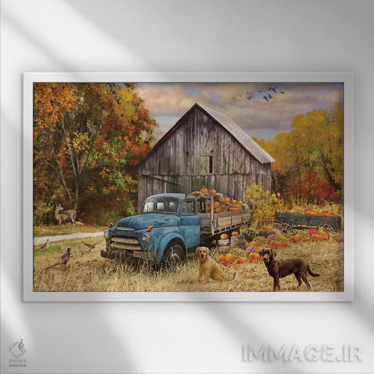 تابلو دکوراتیو کامیون پاییزی و انبار اثر گرگ جوردانو - نمای قابدار سفید