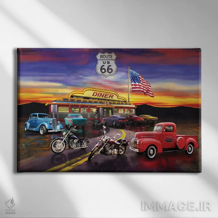 تابلو دکوراتیو کافه و ماشین های نوستالژیک آمریکایی اثر گرگ جوردانو - نمای روبهرو روی دیوار