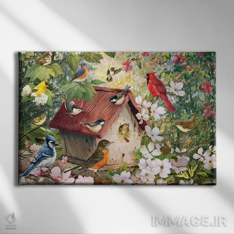 تابلو دکوراتیو پرندگان بهاری و خانه پرنده اثر گرگ جوردانو - نمای روبهرو روی دیوار