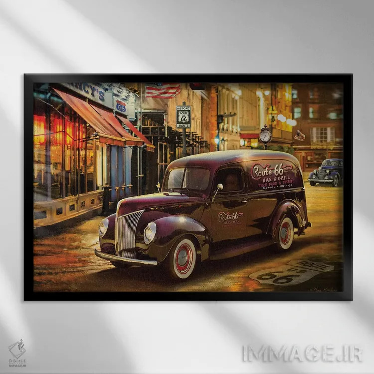 تابلو دکوراتیو کامیون صندوق دار نوستالژیک آمریکایی اثر گرگ جوردانو - نمای قابدار مشکی