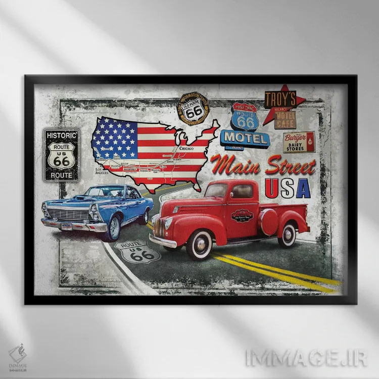 تابلو دکوراتیو ماشین های نوستالژیک آمریکایی اثر گرگ جوردانو - نمای قابدار مشکی