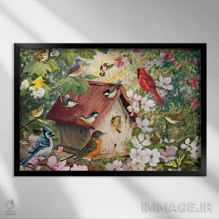 تابلو دکوراتیو پرندگان بهاری و خانه پرنده اثر گرگ جوردانو - نمای قابدار مشکی