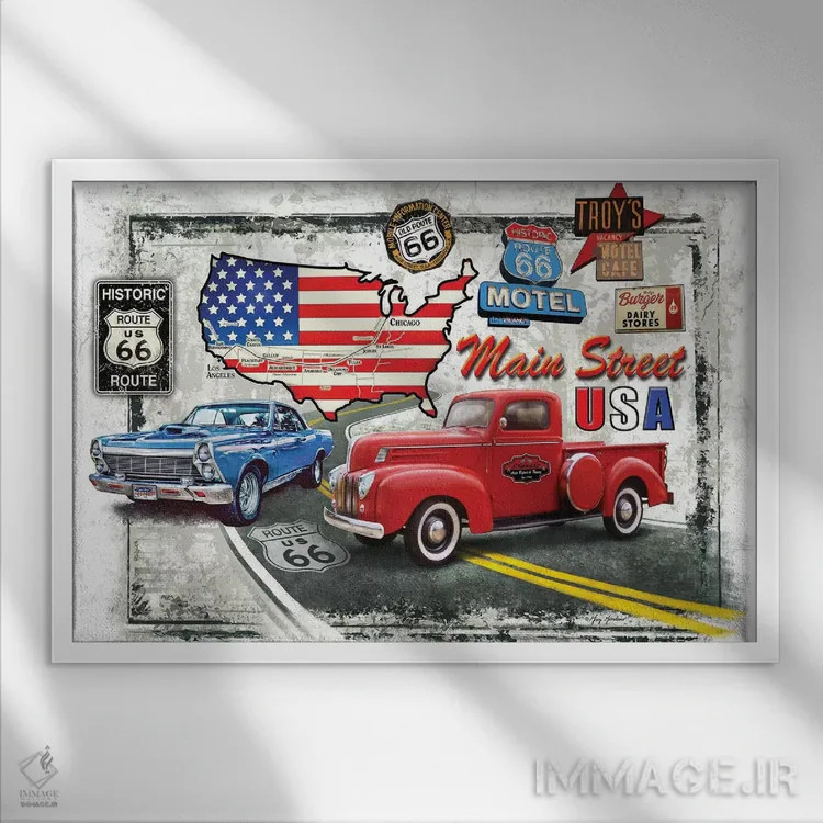 تابلو دکوراتیو ماشین های نوستالژیک آمریکایی اثر گرگ جوردانو - نمای قابدار سفید