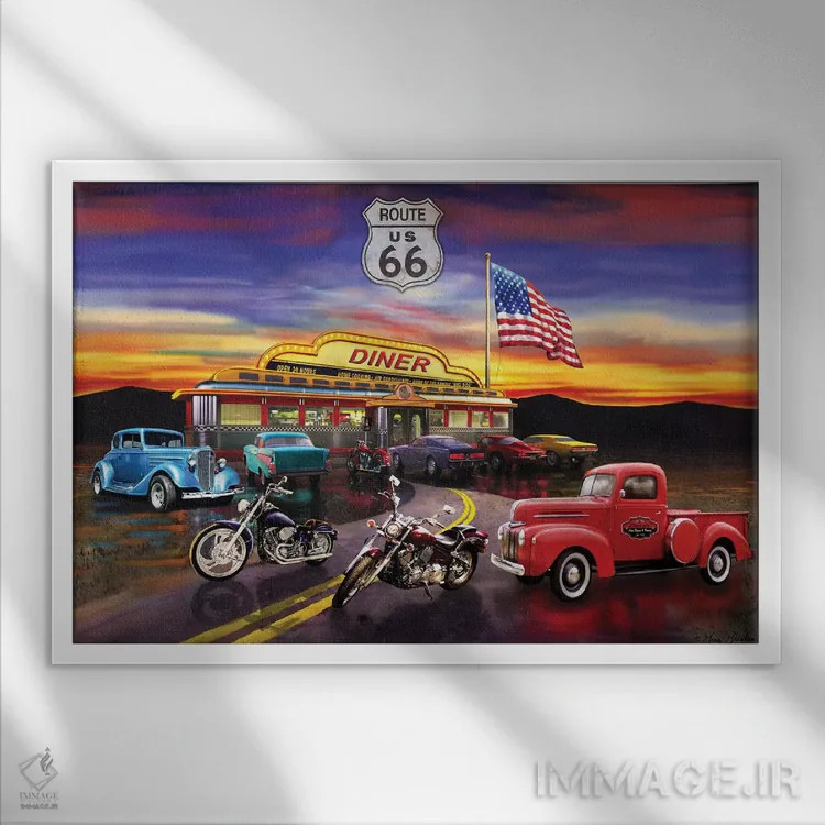 تابلو دکوراتیو کافه و ماشین های نوستالژیک آمریکایی اثر گرگ جوردانو - نمای قابدار سفید