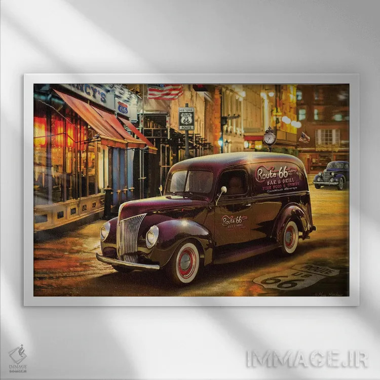 تابلو دکوراتیو کامیون صندوق دار نوستالژیک آمریکایی اثر گرگ جوردانو - نمای قابدار سفید