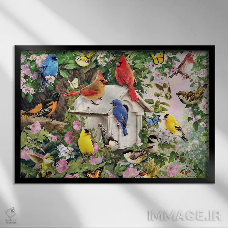 تابلو دکوراتیو پرندگان کنار خانه پرنده اثر گرگ جوردانو - نمای قابدار مشکی