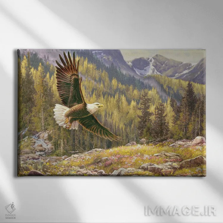 تابلو دکوراتیو عقاب بالای آبشار اثر گرگ جوردانو - نمای روبهرو روی دیوار