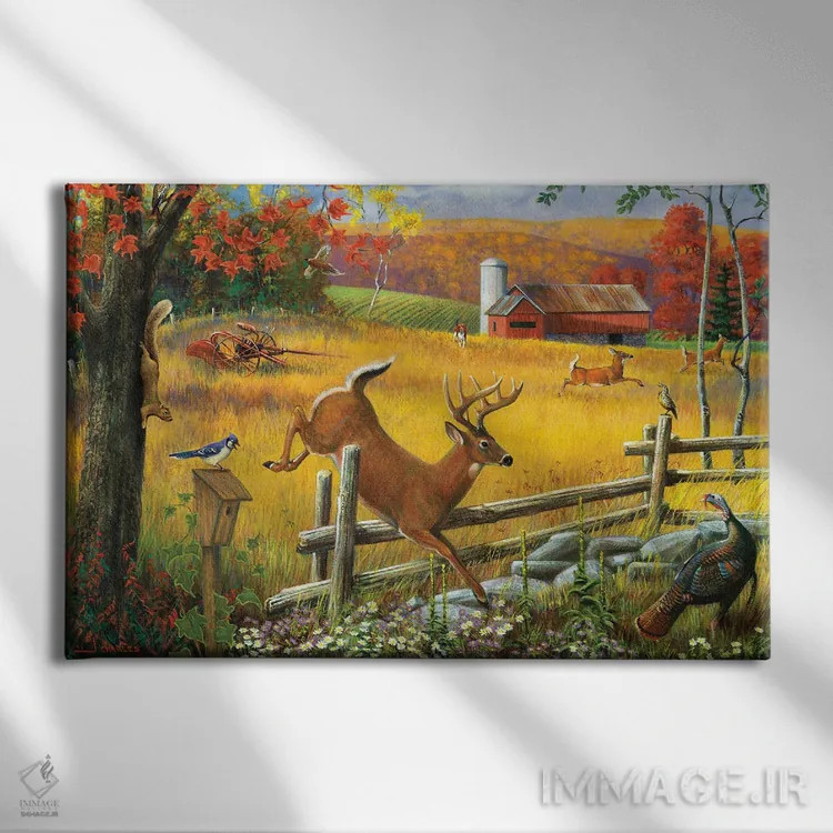 تابلو دکوراتیو گوزنی که از حصار می پرد اثر جی. چارلز - نمای روبهرو روی دیوار